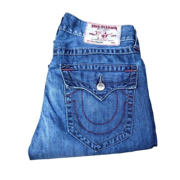 RARE Red Stitch True Religion Jeans Size 32 STRAIGHT Blue - Picture 1 of 9